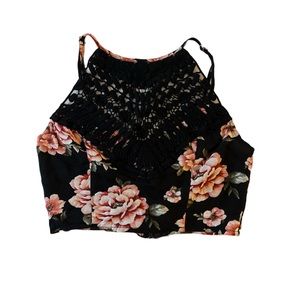Forever 21 Black Floral Print Crochet Knit Crop Tank Top